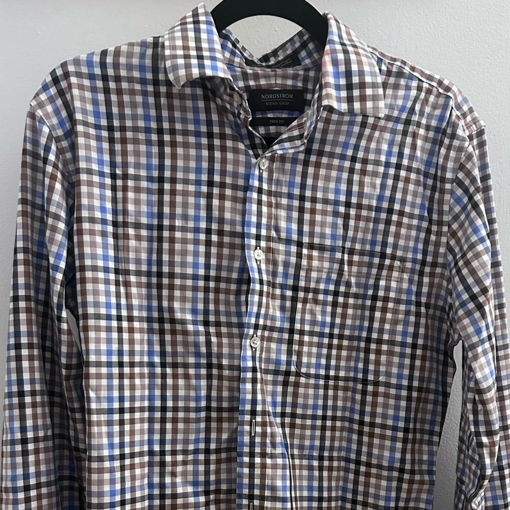 Nordstrom Men’s Blue and Brown Plaid Button-Down Shirt